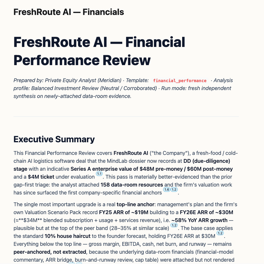 MindLab cited report with source markers and approval state