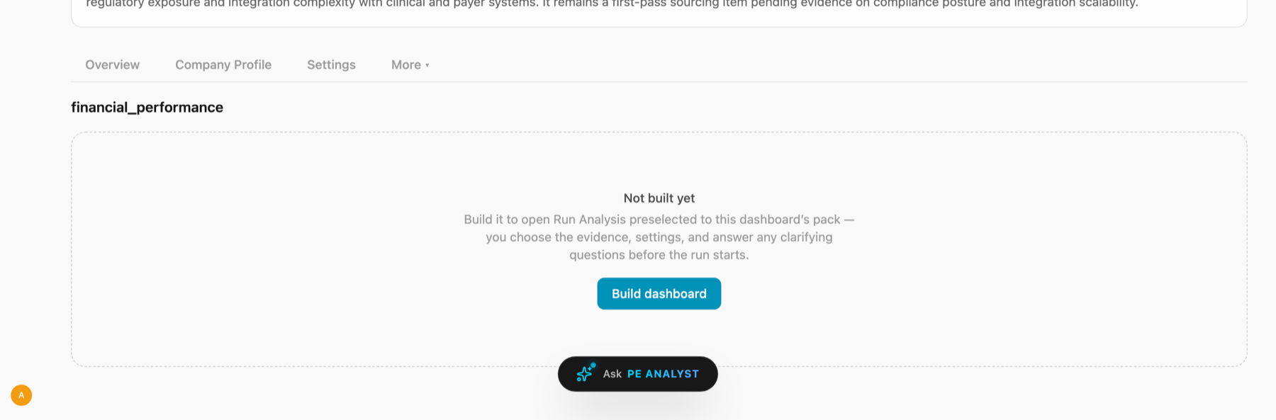 A dashboard tab in its empty state: Not built yet, with a Build dashboard action that opens Run Analysis preselected to this dashboard's pack.