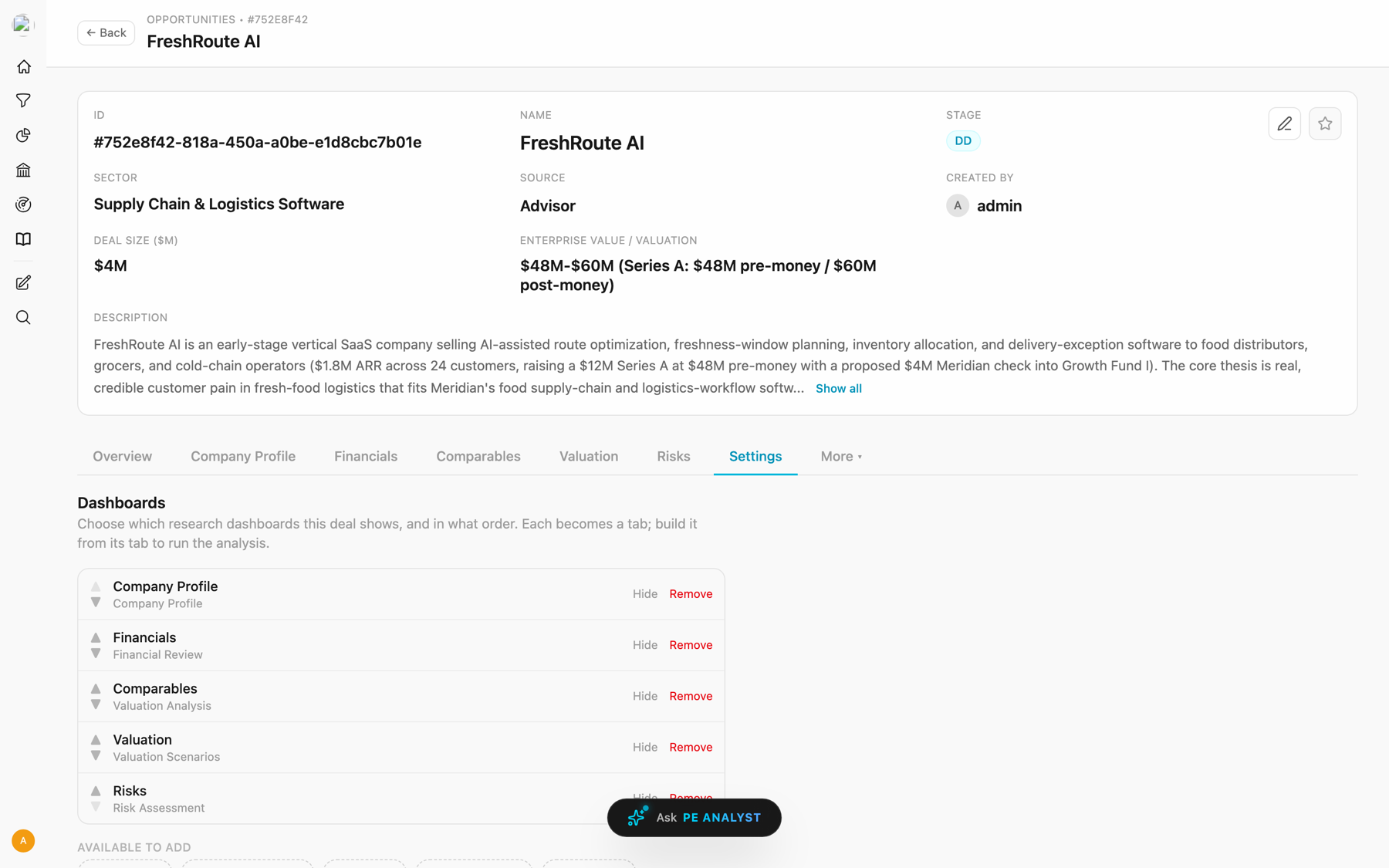 MindLab deal settings, Dashboards tab: reorderable list of research dashboards with Hide and Remove, and an available-to-add row.