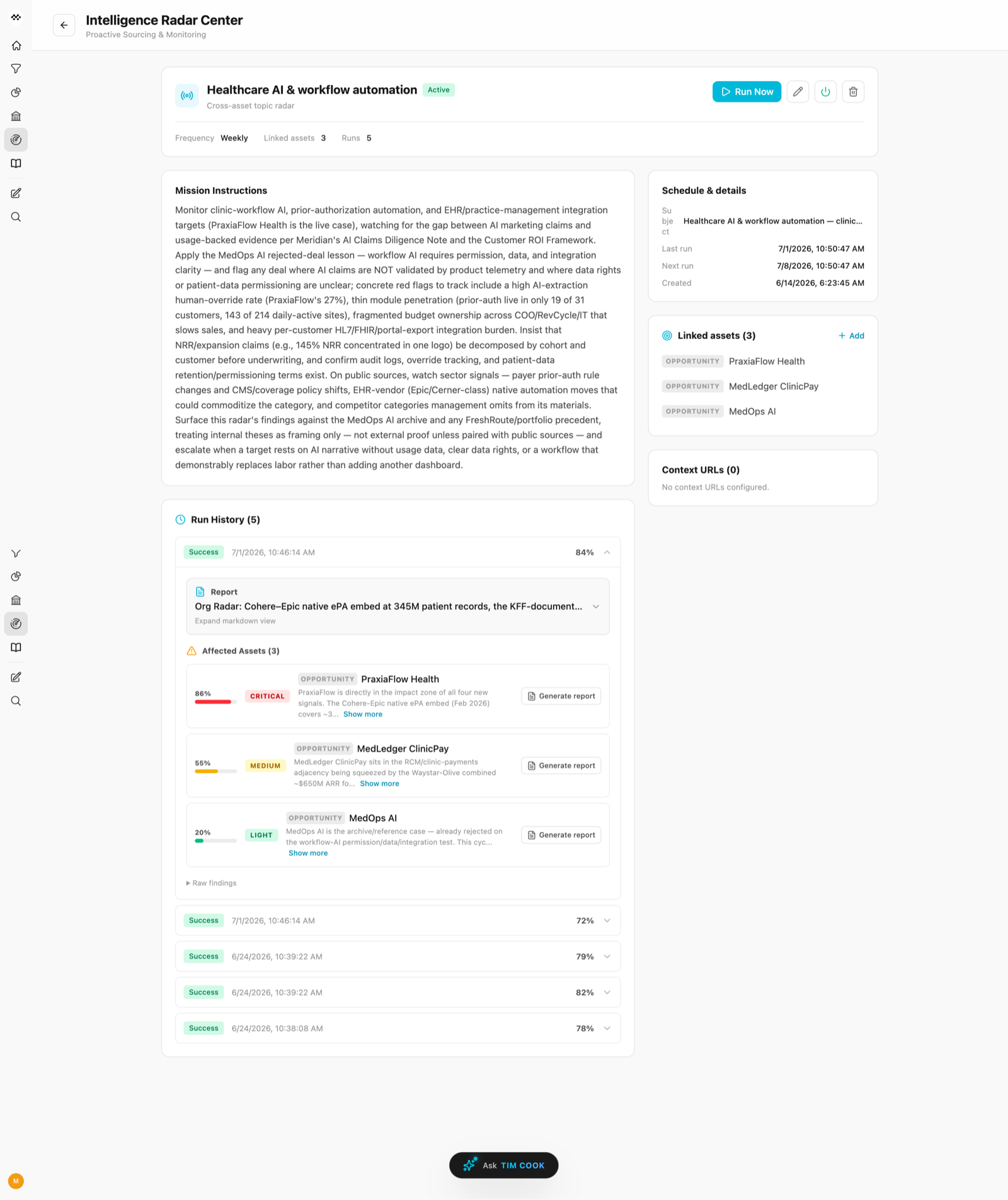 A cross-company Radar showing its instructions, linked holdings, and the impact of a new finding on PraxiaFlow Health, MedLedger ClinicPay, and MedOps AI.