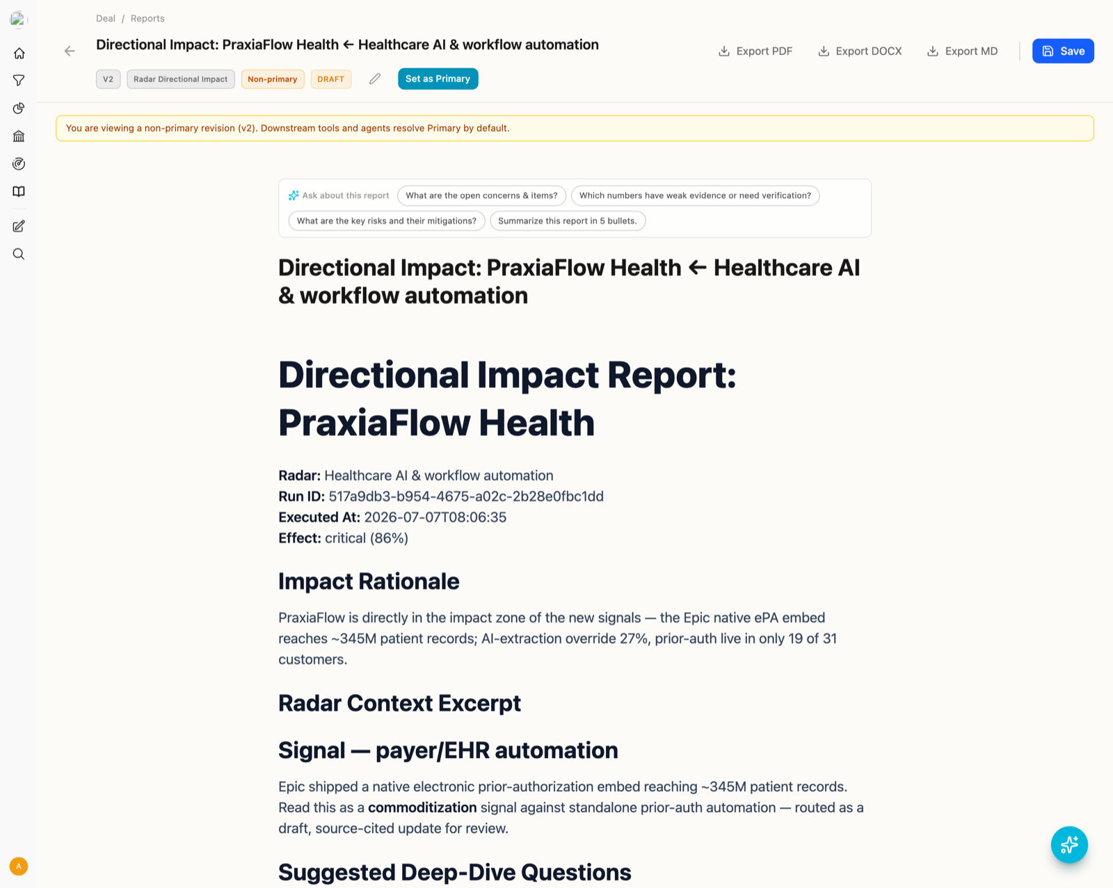 A radar directional-impact report for PraxiaFlow Health: a governed draft, non-primary v1, with Set-as-Primary, export actions and an Ask-about-this-report bar.